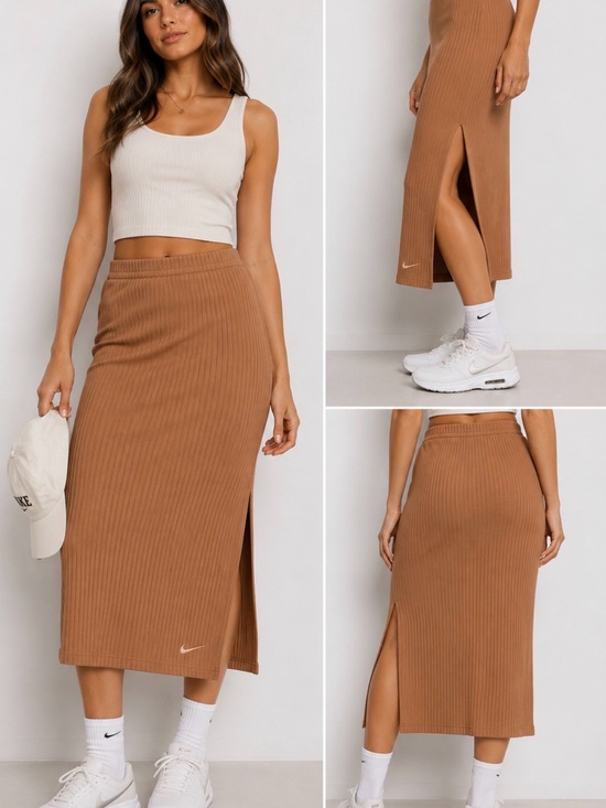 Nike Dresses & Skirts - NWT Nike Side Slit Ribbed Midi Skirt Brown Tan Slim Fit Women’s Large